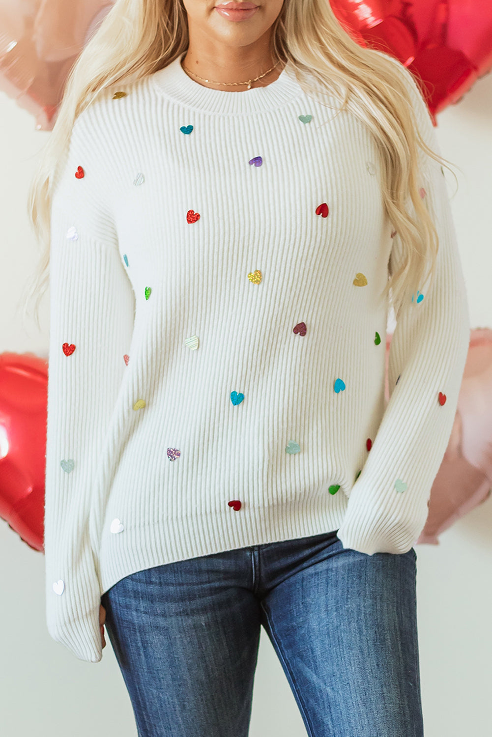 Beige Waffle Knit Sequin Heart Sweater – Cozy with a Touch of Glam