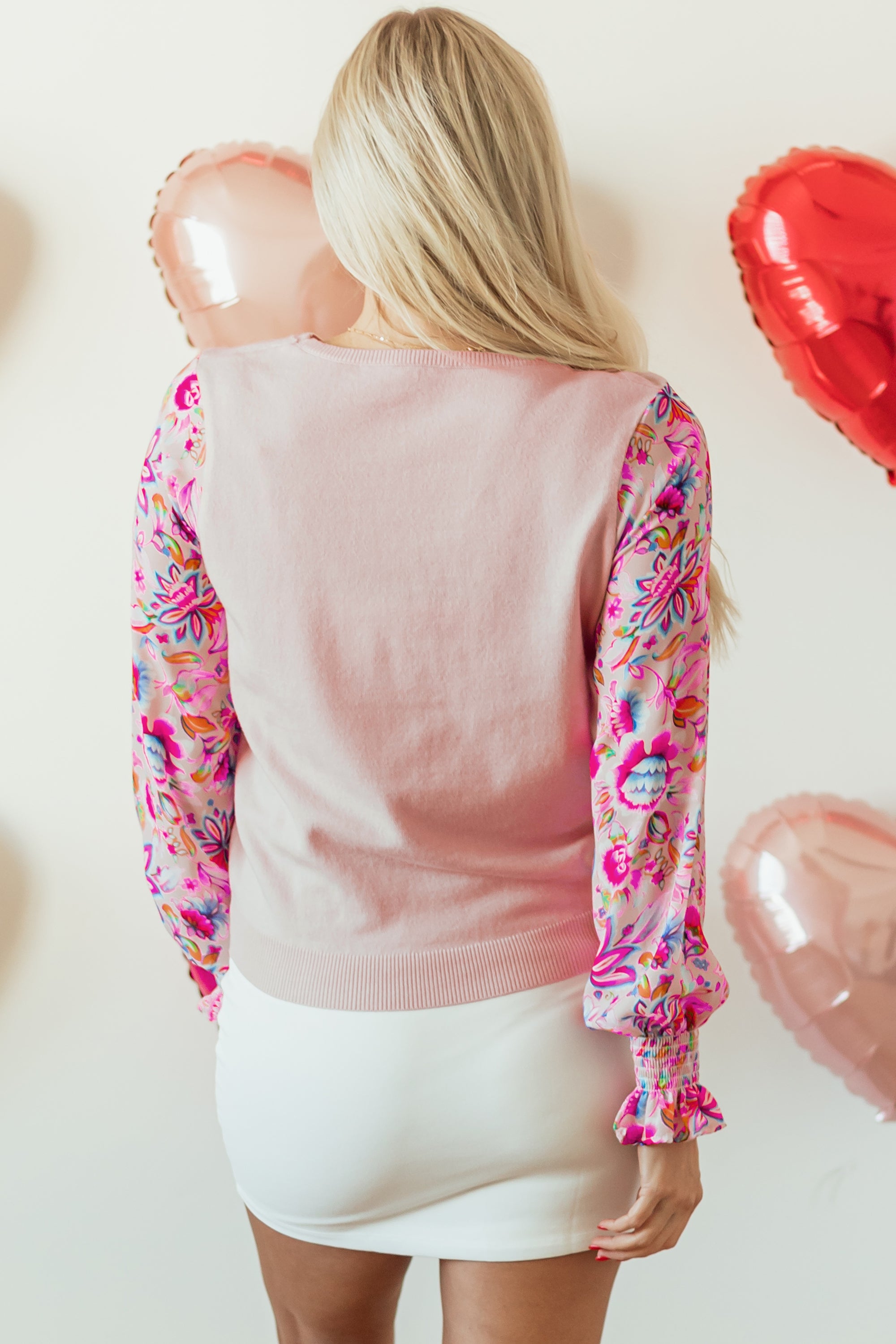 Oatmeal Floral Printed Lantern Sleeve Knit Top – Cozy and Stylish