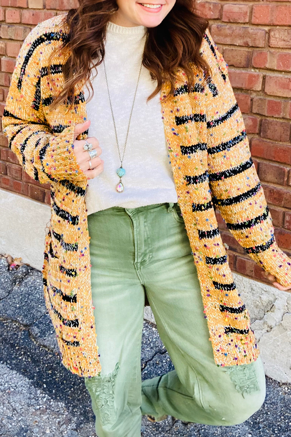 Beige Striped Pom Pom Knit Cardigan – Playful Charm Meets Effortless Elegance