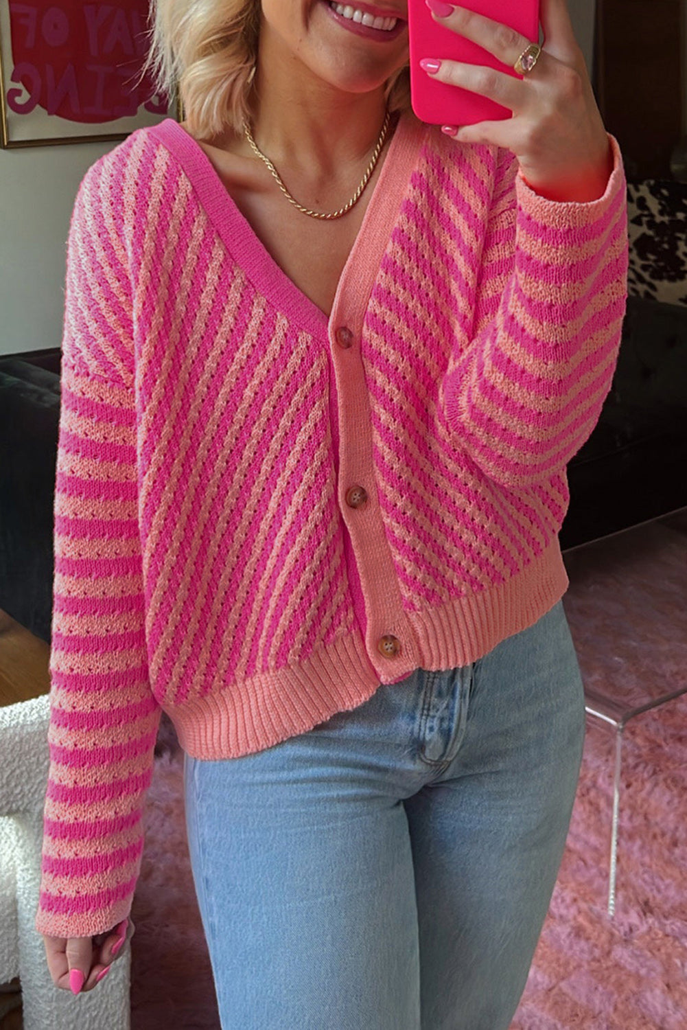 Pink Striped Drop Shoulder Cardigan – Elegant & Comfortable