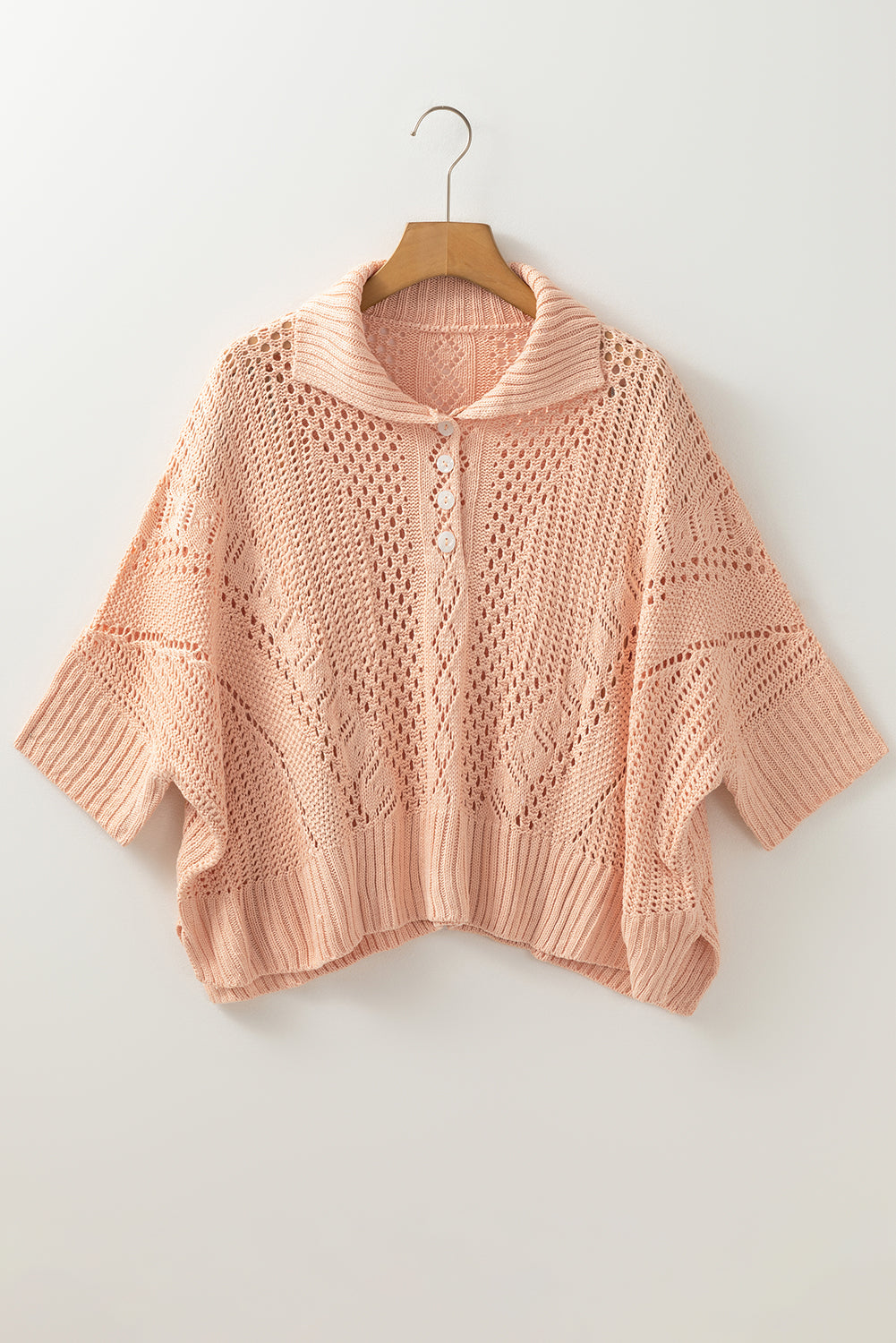 Apricot Pink Open-Knit 3/4 Sleeve Sweater – Effortless Elegance for Every Season