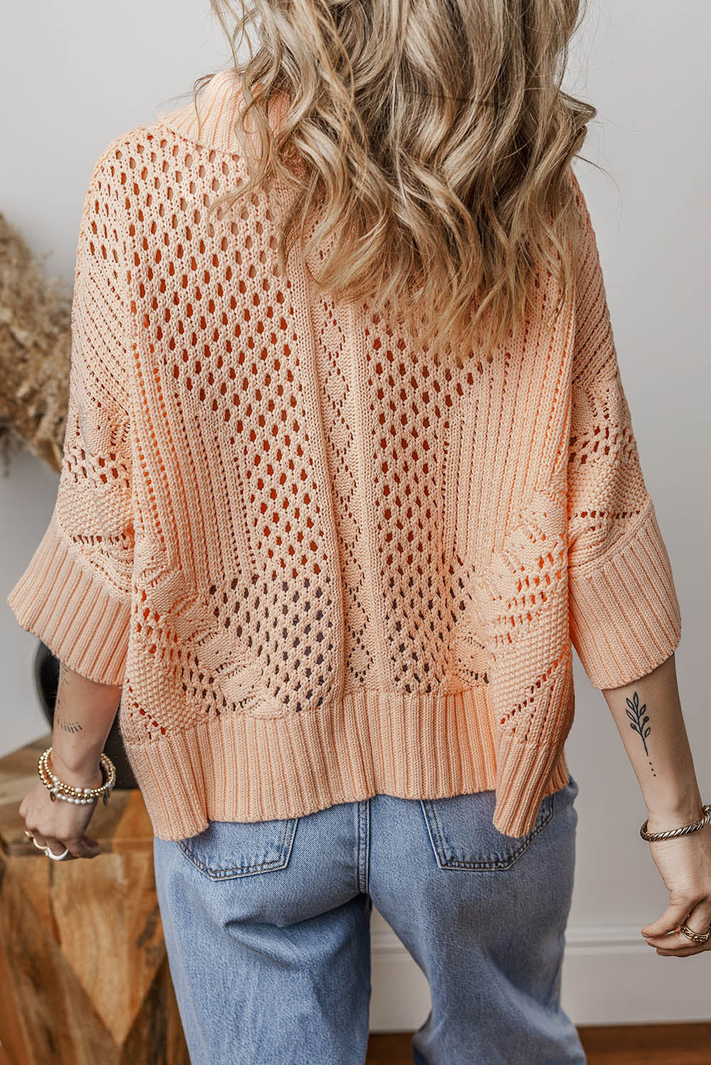 Apricot Pink Open-Knit 3/4 Sleeve Sweater – Effortless Elegance for Every Season