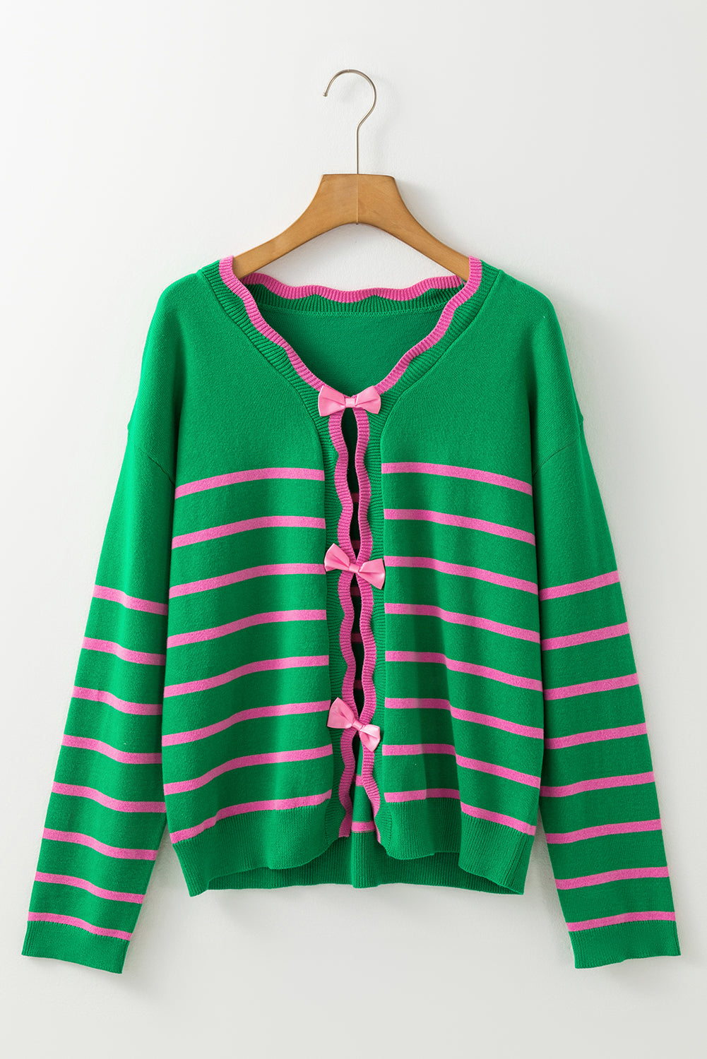 Green Stripe Ribbon Sweater Knit Cardigan – Charming and Cozy