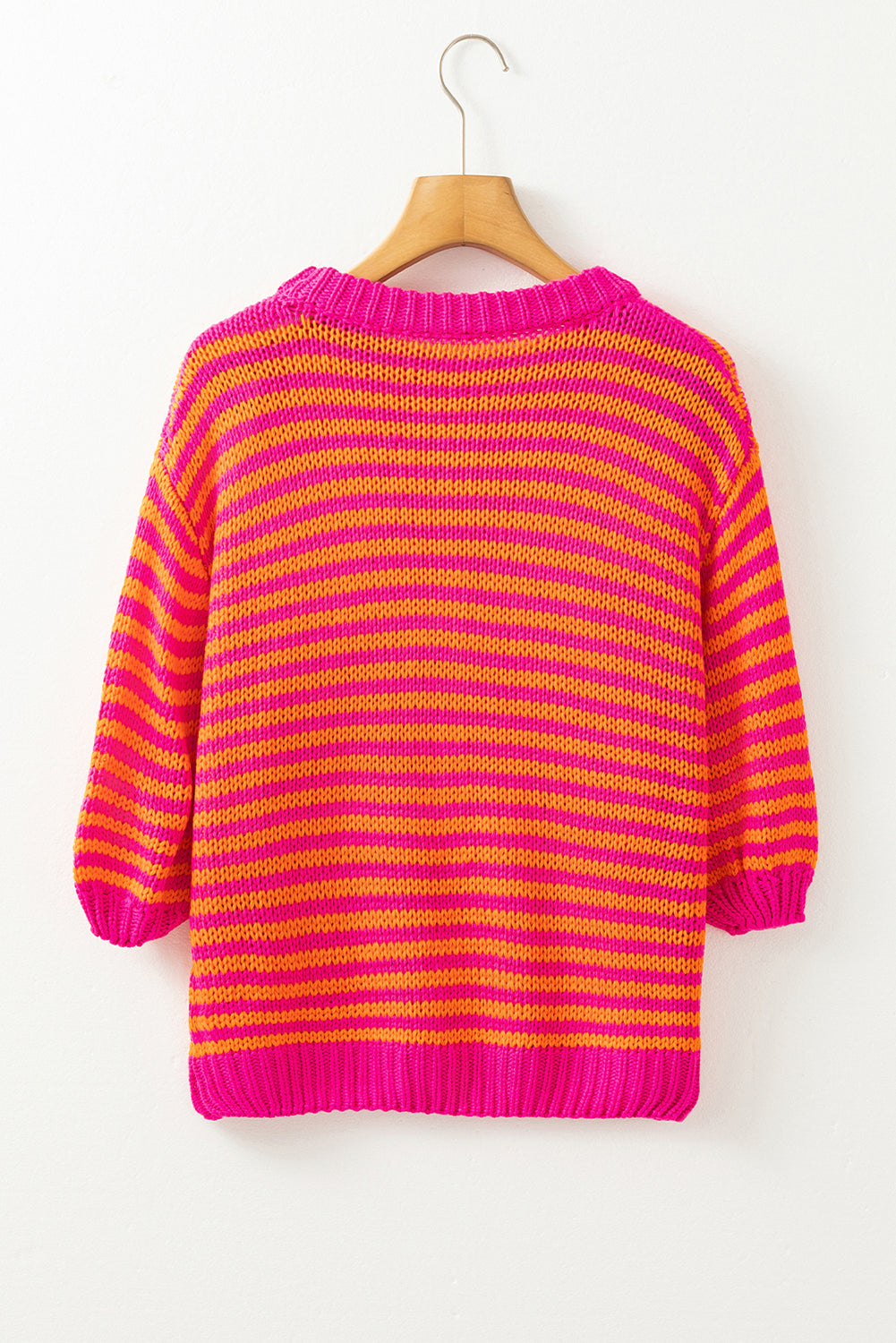 Rose Stripe 3/4 Puff Sleeve Drop Shoulder Sweater – Chic and Comfortable