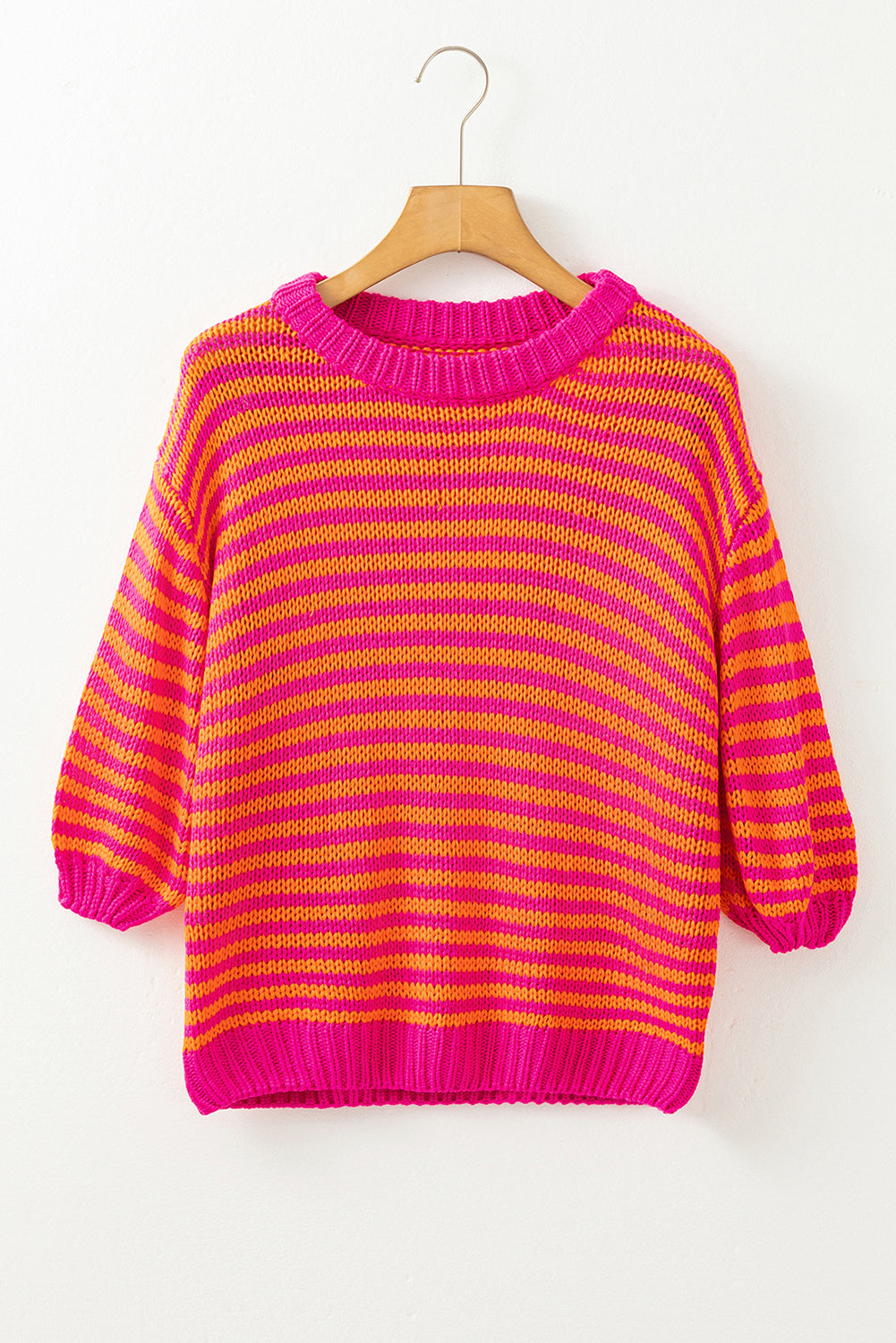 Rose Stripe 3/4 Puff Sleeve Drop Shoulder Sweater – Chic and Comfortable