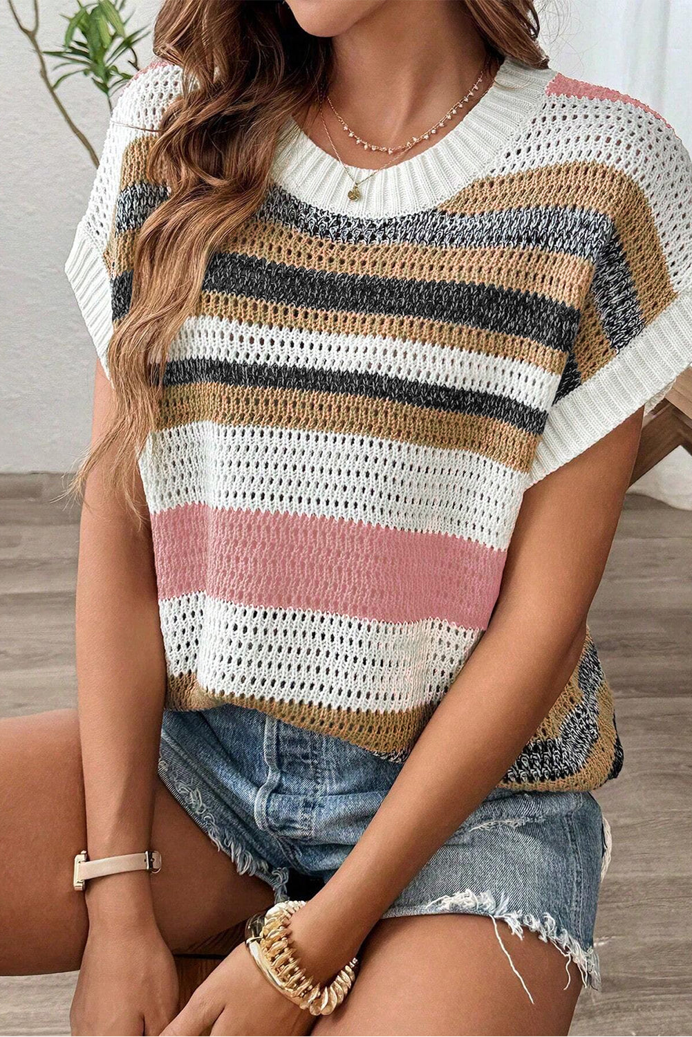 Pink Stripe Eyelet Knit Short Sleeve Sweater Tee – Contemporary & Stylish