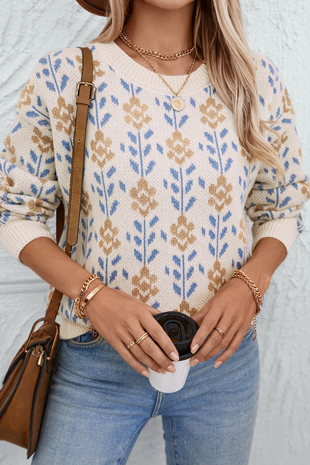 Apricot Floral Crew Neck Sweater – Bloom with Style This Winter