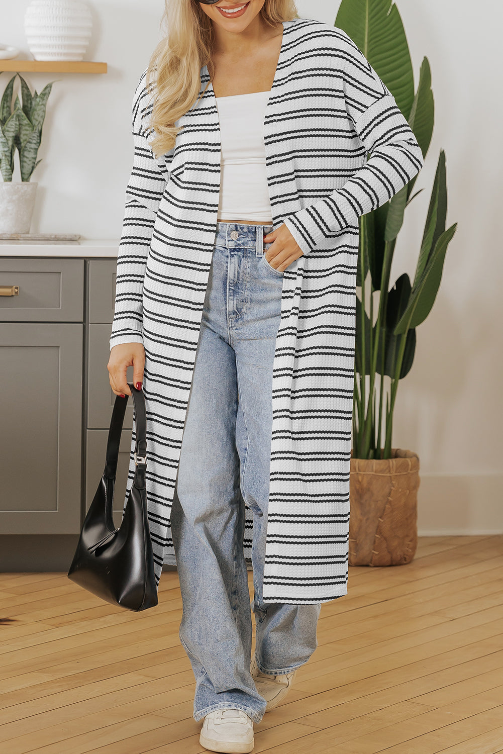 Black Stripe Print Open Front Duster Cardigan – Effortless Chic with Extra Coverage