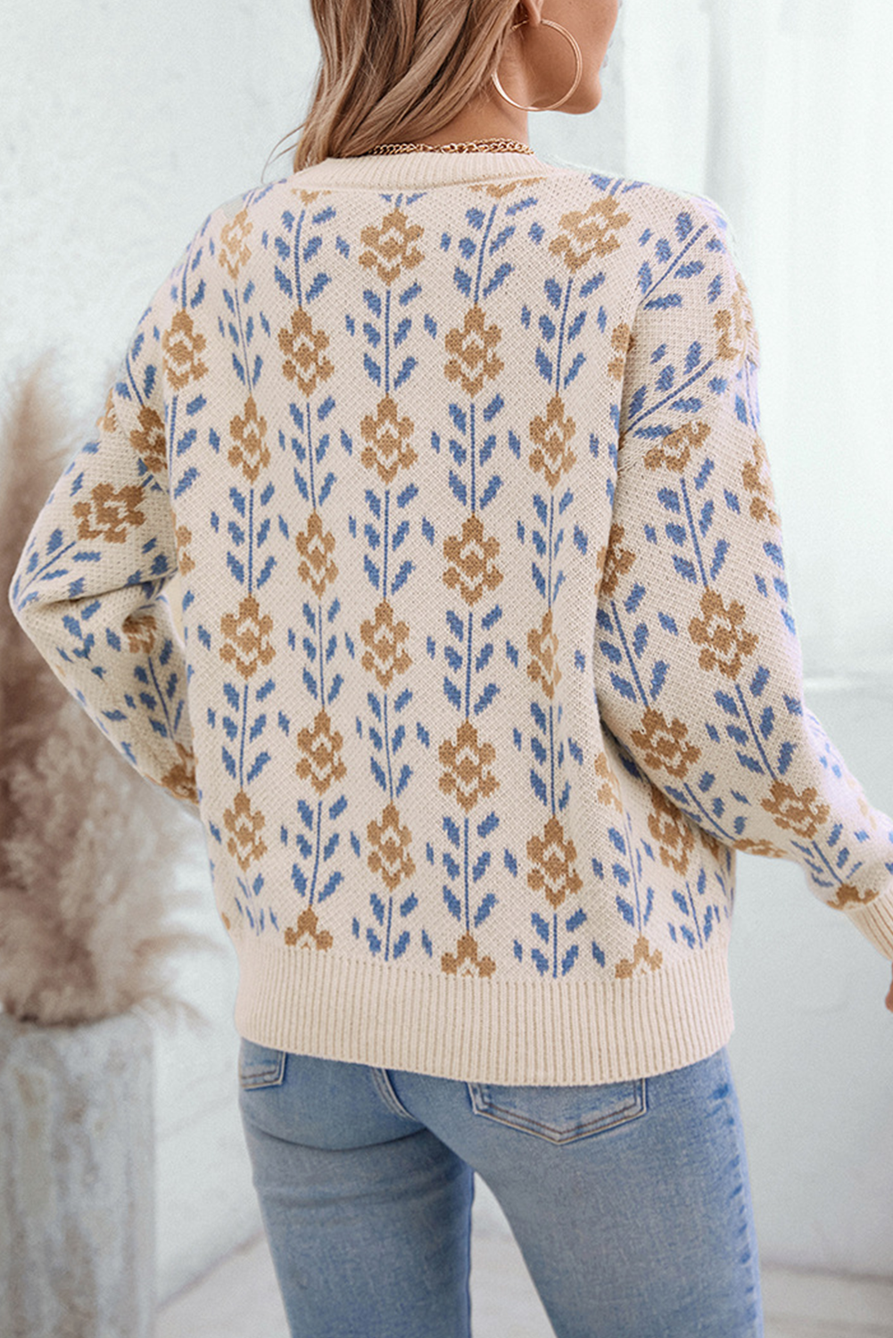 Apricot Floral Crew Neck Sweater – Bloom with Style This Winter