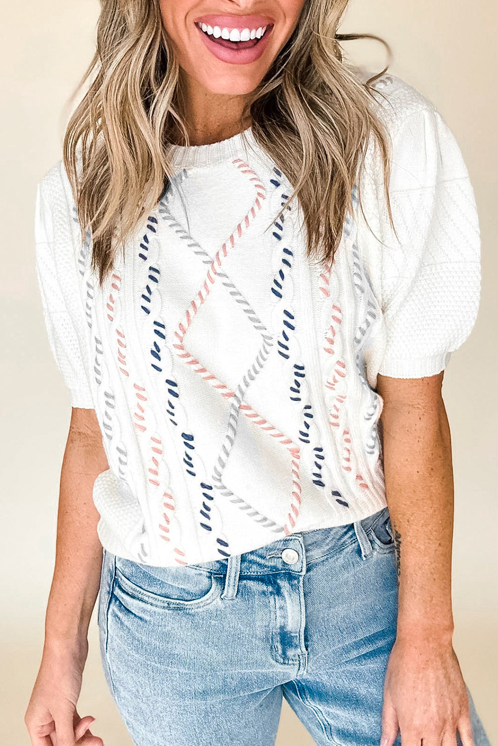 White Multicolor Stitch Short Sleeve Sweater – Cozy and Stylish