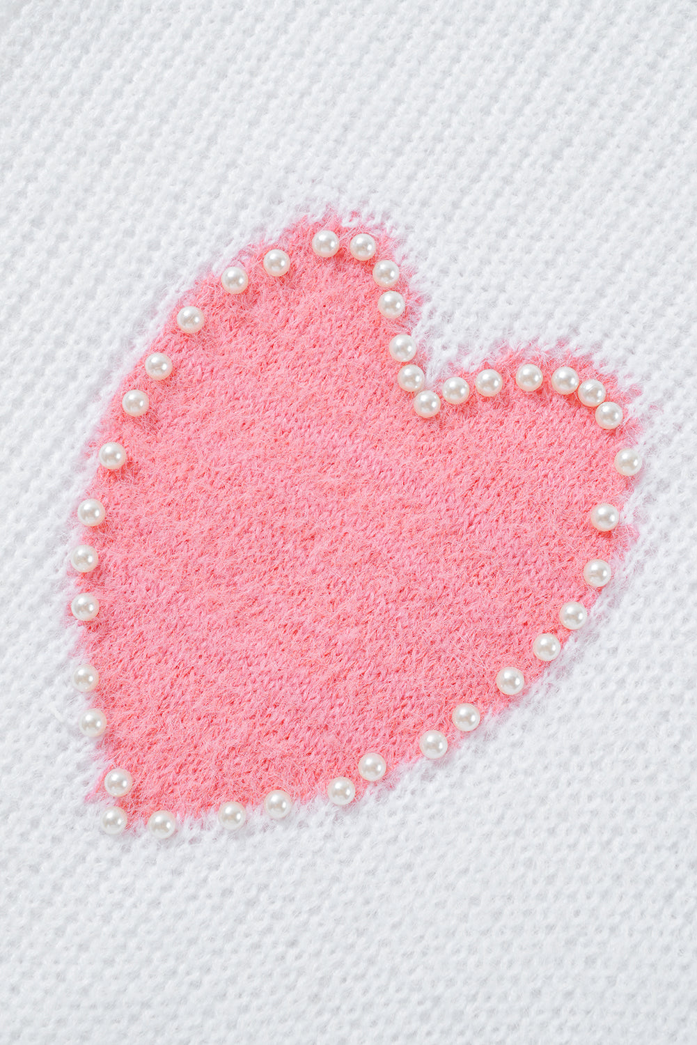 White Pearl Beaded Heart Pattern Fuzzy V Neck Sweater – Cozy and Chic