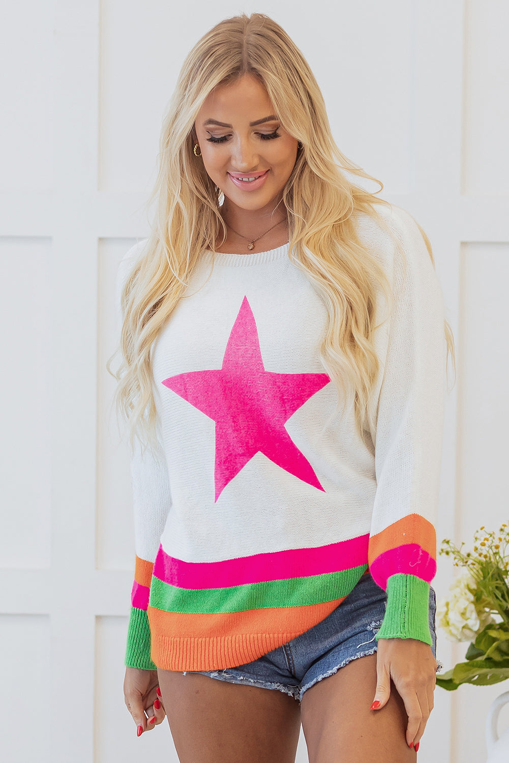 White Star Drop Shoulder Sweater – Cozy and Trendy