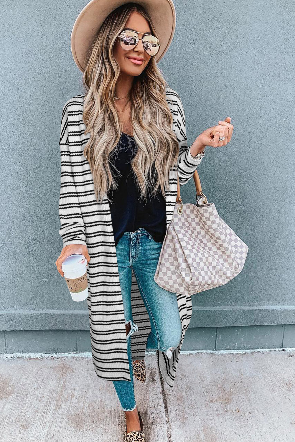 Black Stripe Print Open Front Duster Cardigan – Effortless Chic with Extra Coverage