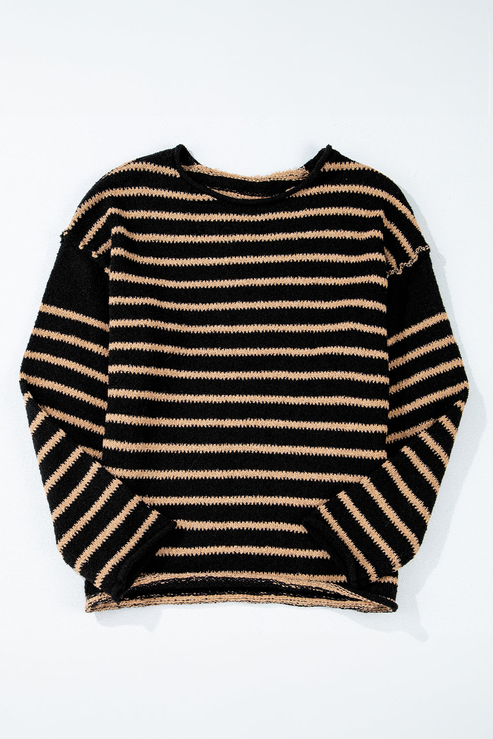 Black Stripe Drop Shoulder Loose Sweater – Trendy Comfort with Classic Style