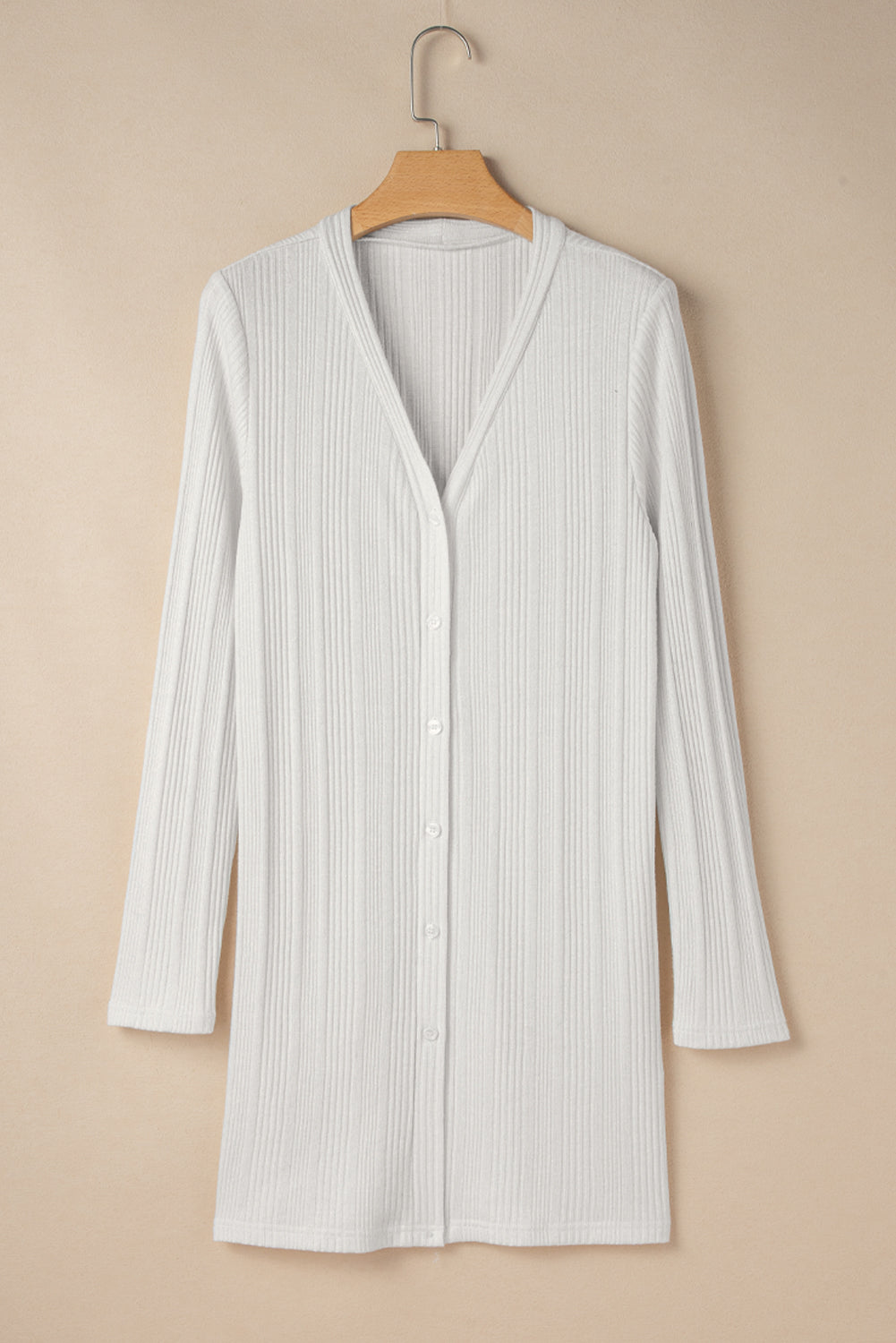 White Solid Color Ribbed Button-Up Tunic Cardigan – Elegant and Timeless