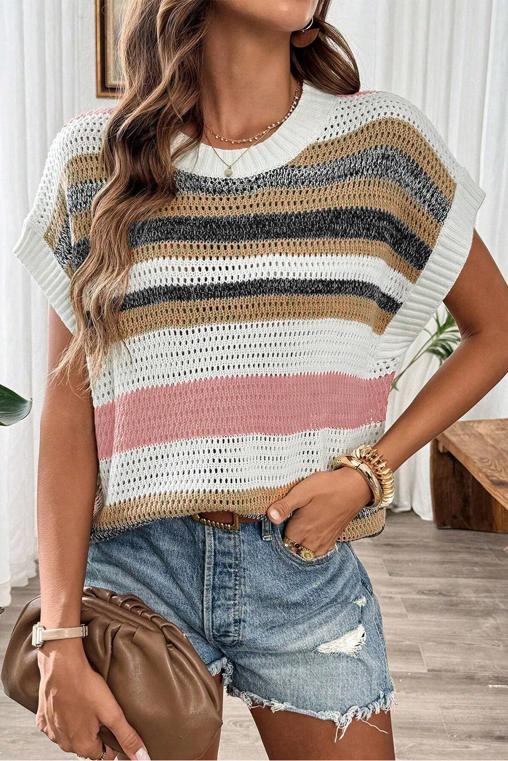 Pink Stripe Eyelet Knit Short Sleeve Sweater Tee – Contemporary & Stylish