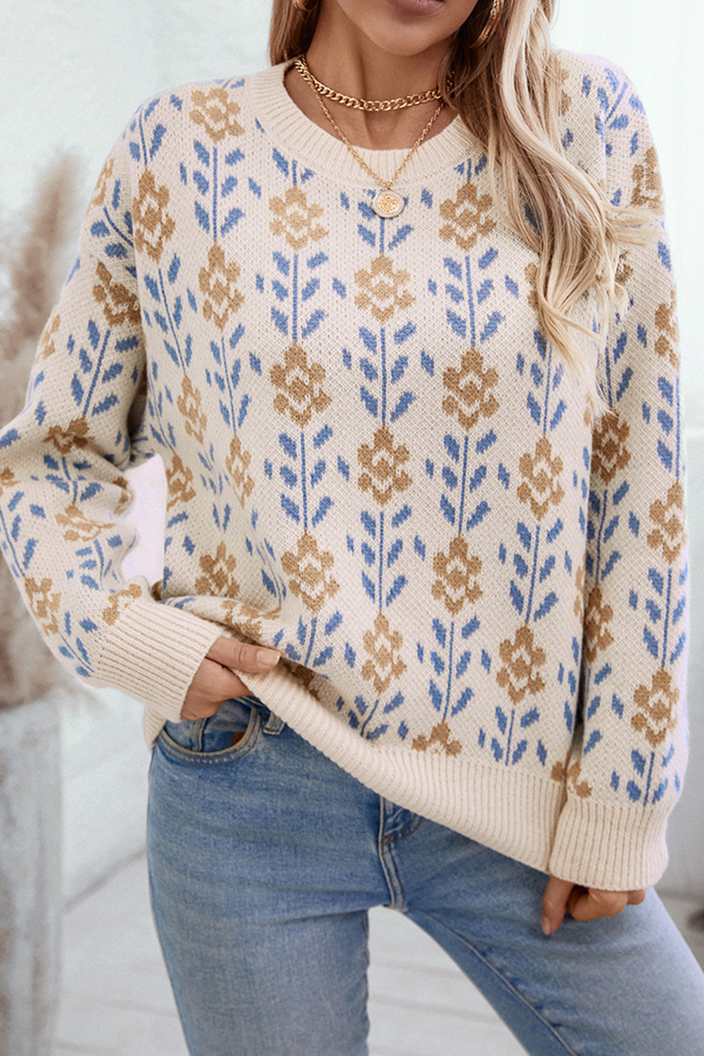 Apricot Floral Crew Neck Sweater – Bloom with Style This Winter