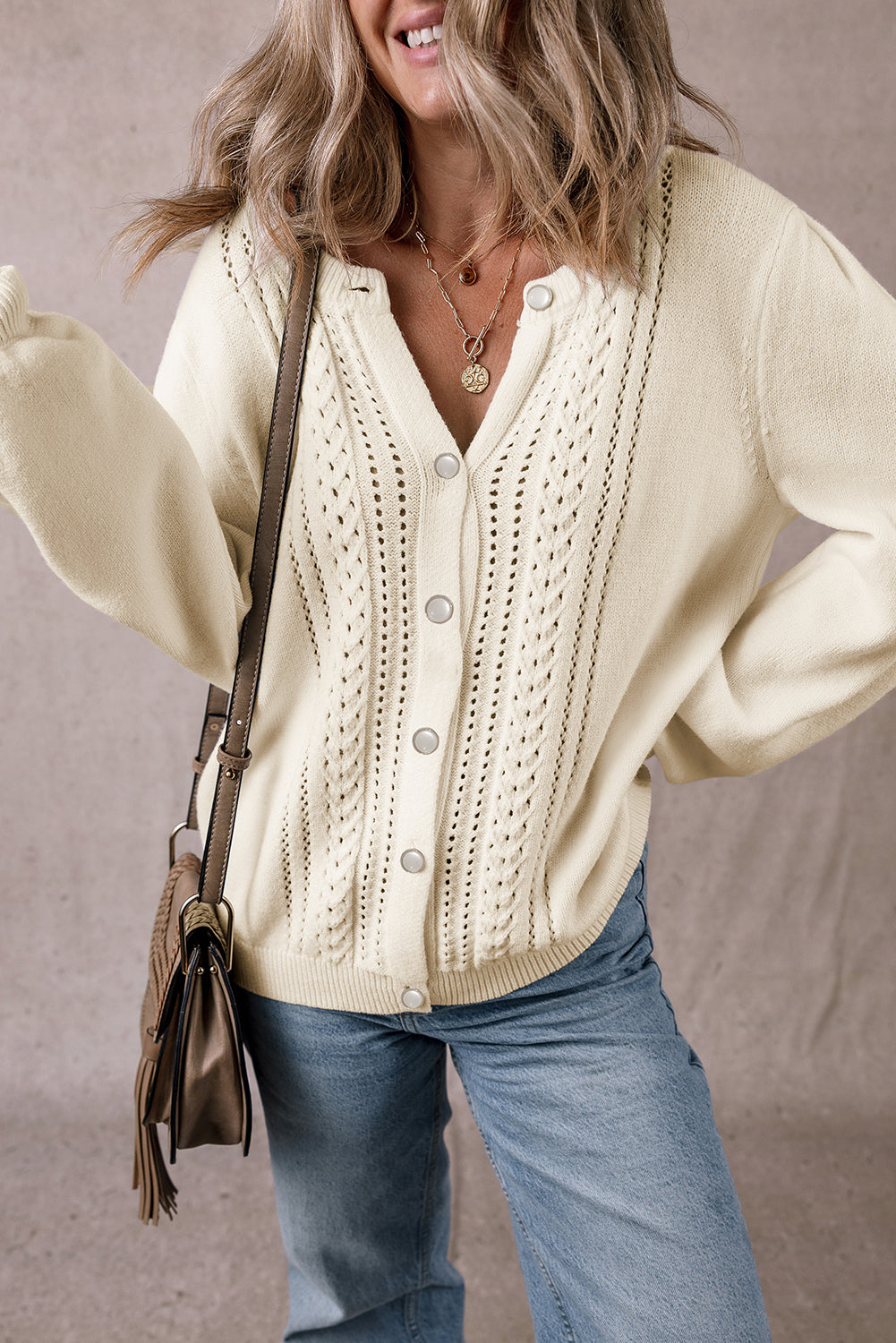 Apricot Pleated Sleeve Button Cardigan – Effortless Grace Meets Everyday Comfort