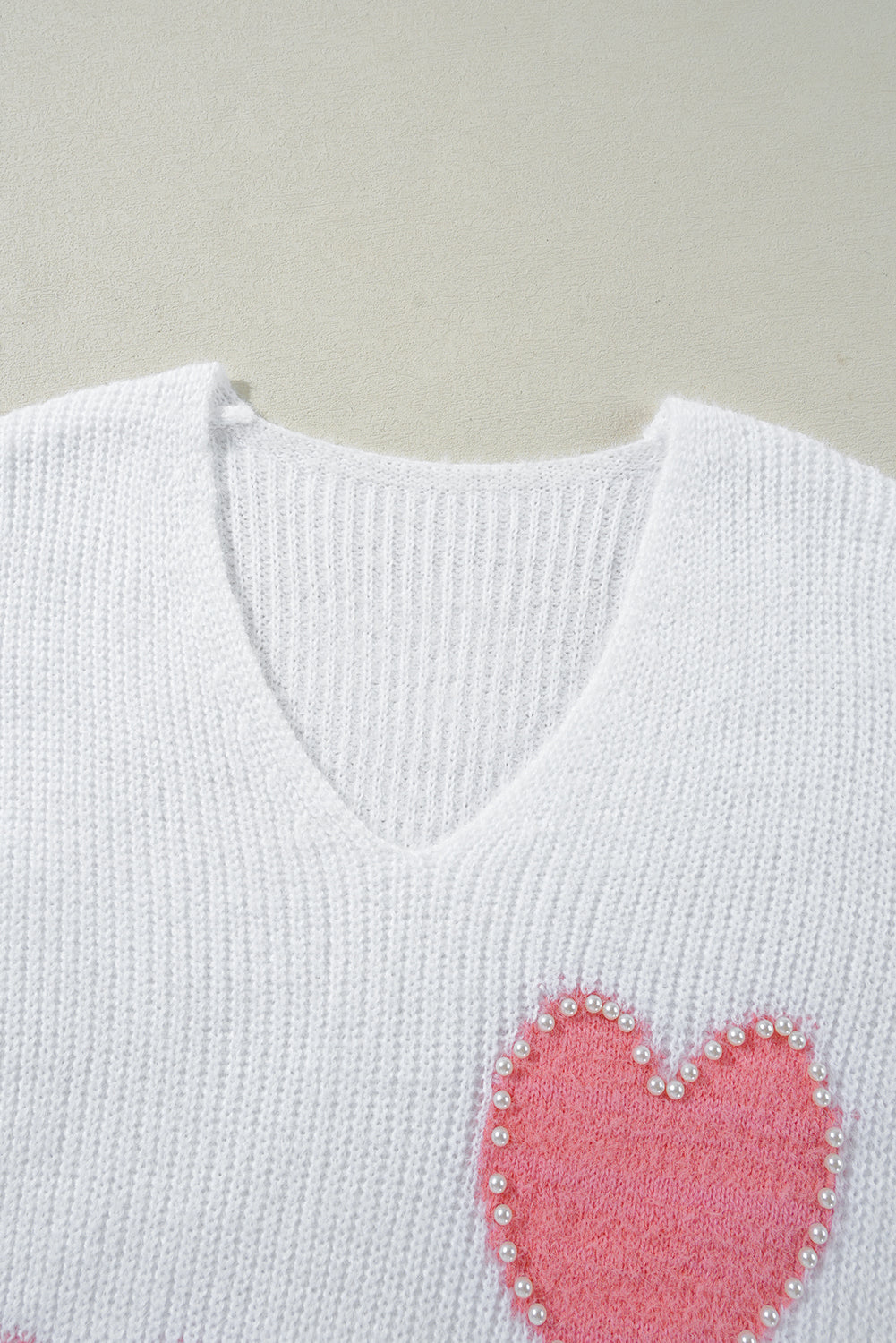 White Pearl Beaded Heart Pattern Fuzzy V Neck Sweater – Cozy and Chic