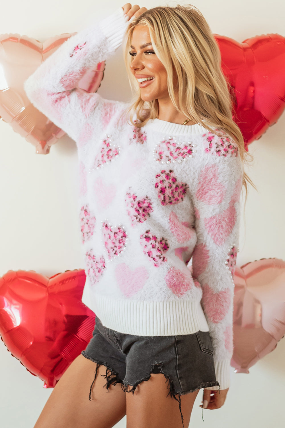 Pink Heart Leopard Print Trim Fuzzy Sweater – Bold & Cozy