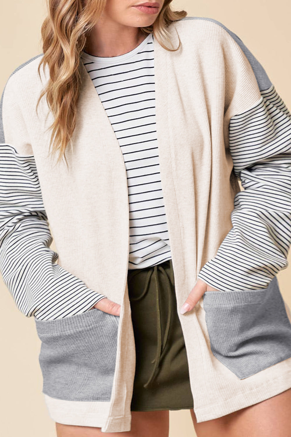 Black Striped Open Front Cardigan – Modern Chic with Practical Style