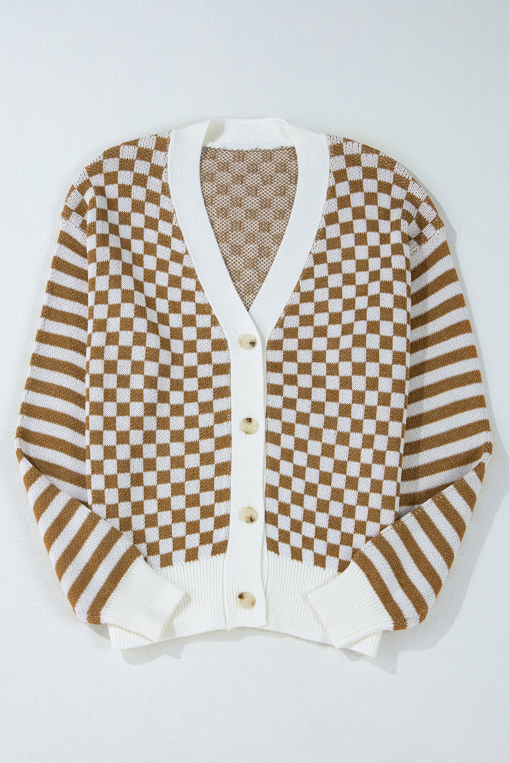 Brown Checkered V Neck Cardigan – Classic Style with a Modern Twist