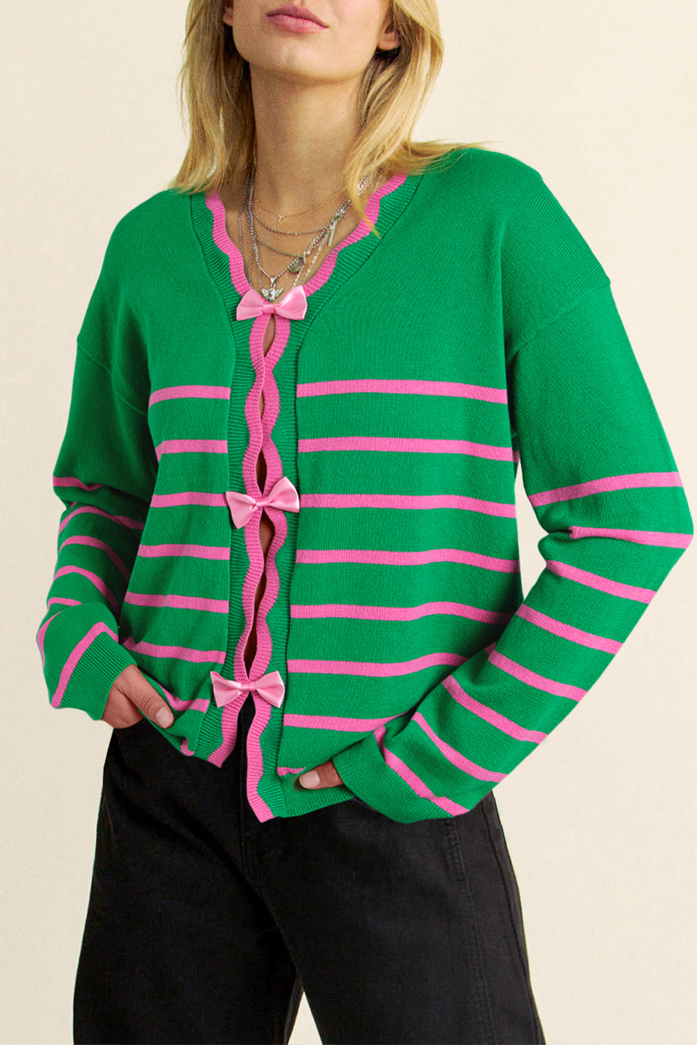 Green Stripe Ribbon Sweater Knit Cardigan – Charming and Cozy