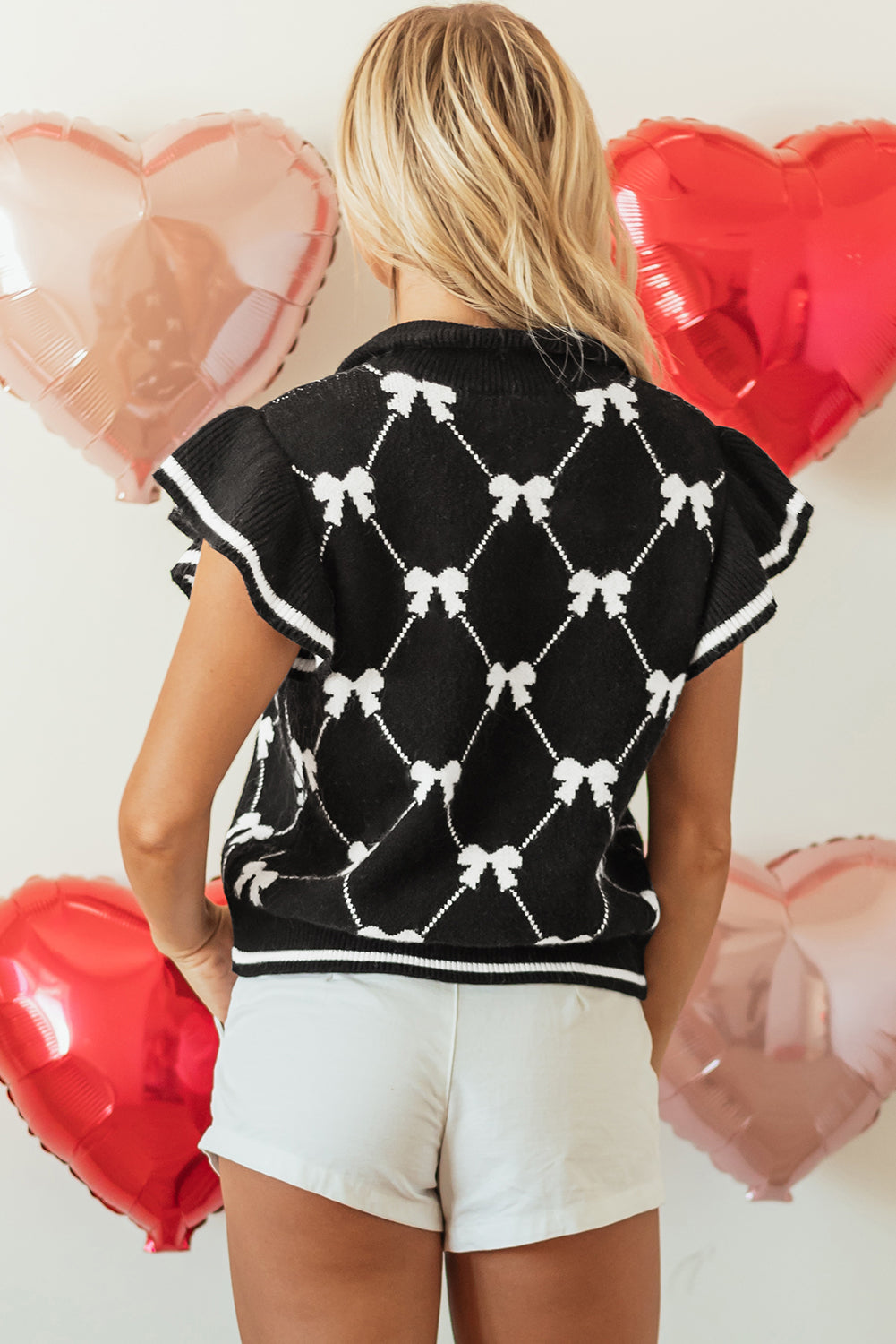 Black Bow Print Zipped Collar Sweater Tee – Preppy Elegance Meets Cozy Comfort