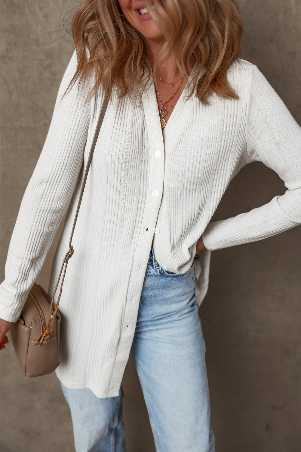 White Solid Color Ribbed Button-Up Tunic Cardigan – Elegant and Timeless