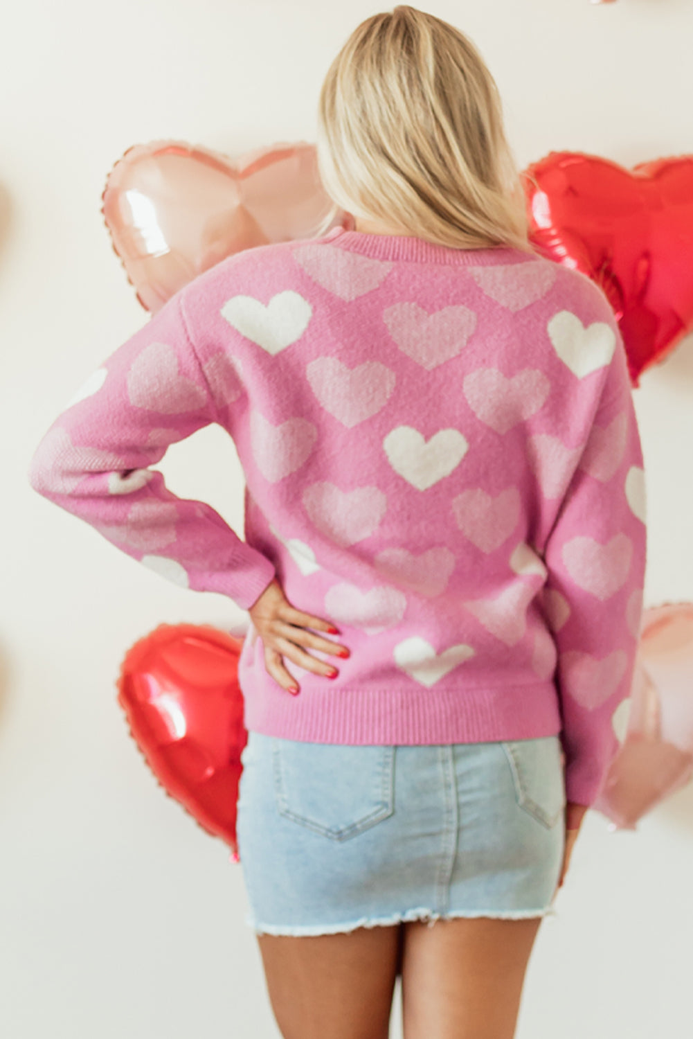 Pink Pearled Heart Print Valentine's Crew Neck Sweater – Romantic & Cozy