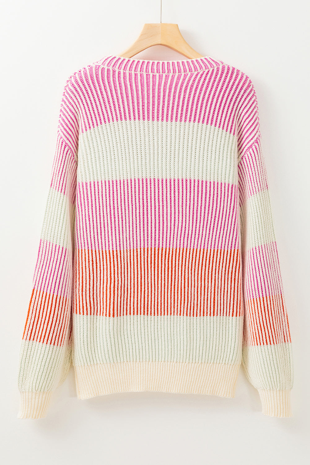 Pink Colorblock Textured Knit Bubble Sleeve Sweater – Cozy and Trendy