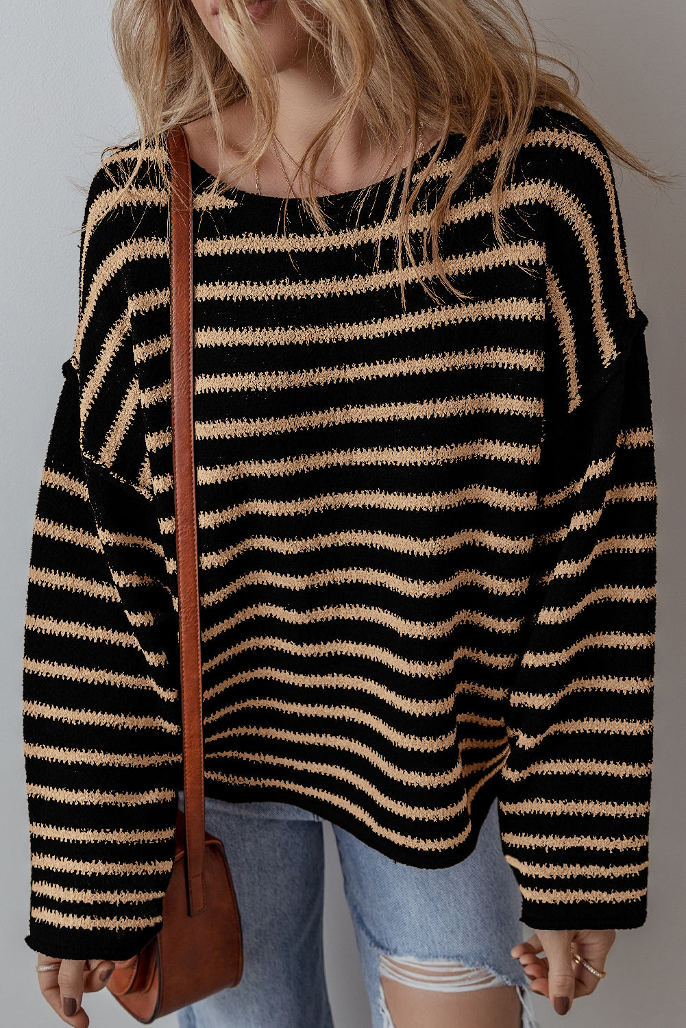 Black Stripe Drop Shoulder Loose Sweater – Trendy Comfort with Classic Style