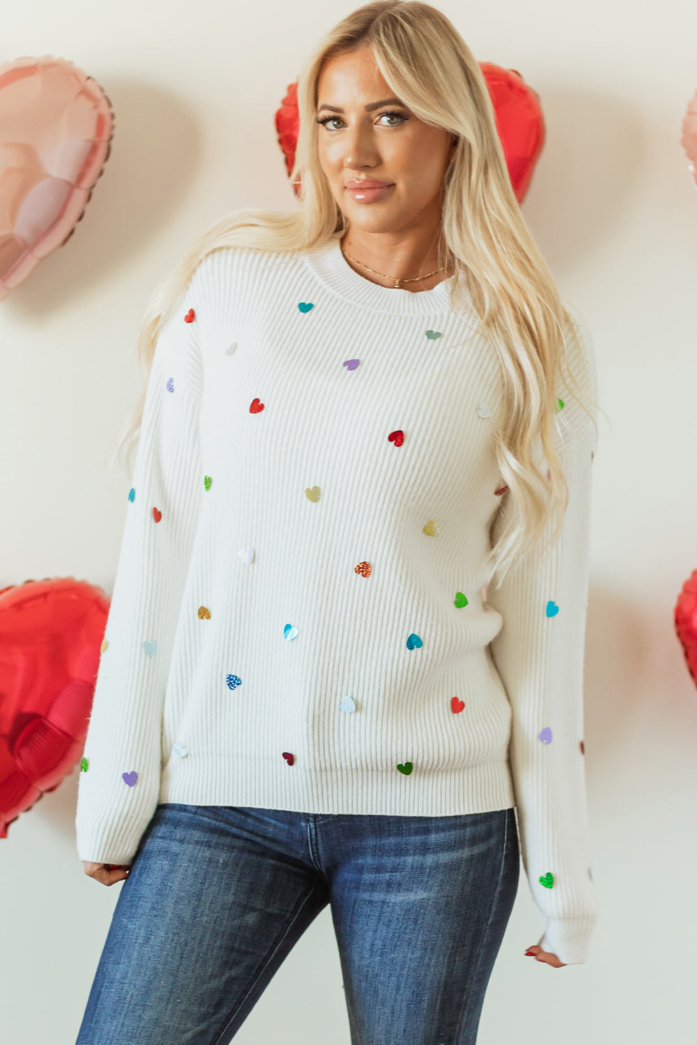 Beige Waffle Knit Sequin Heart Sweater – Cozy with a Touch of Glam