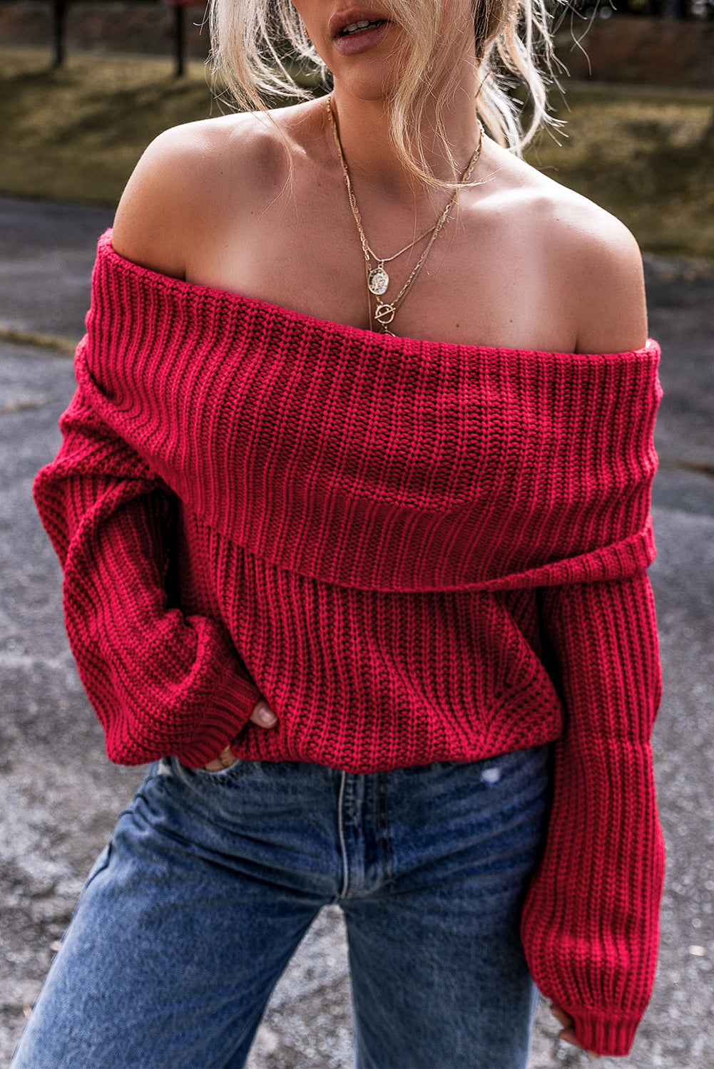 Racing Red Off-the-Shoulder Knit Sweater – Flirty & Fashionable