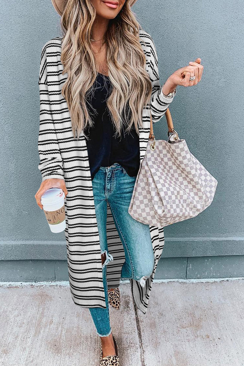 Black Stripe Print Open Front Duster Cardigan – Effortless Chic with Extra Coverage