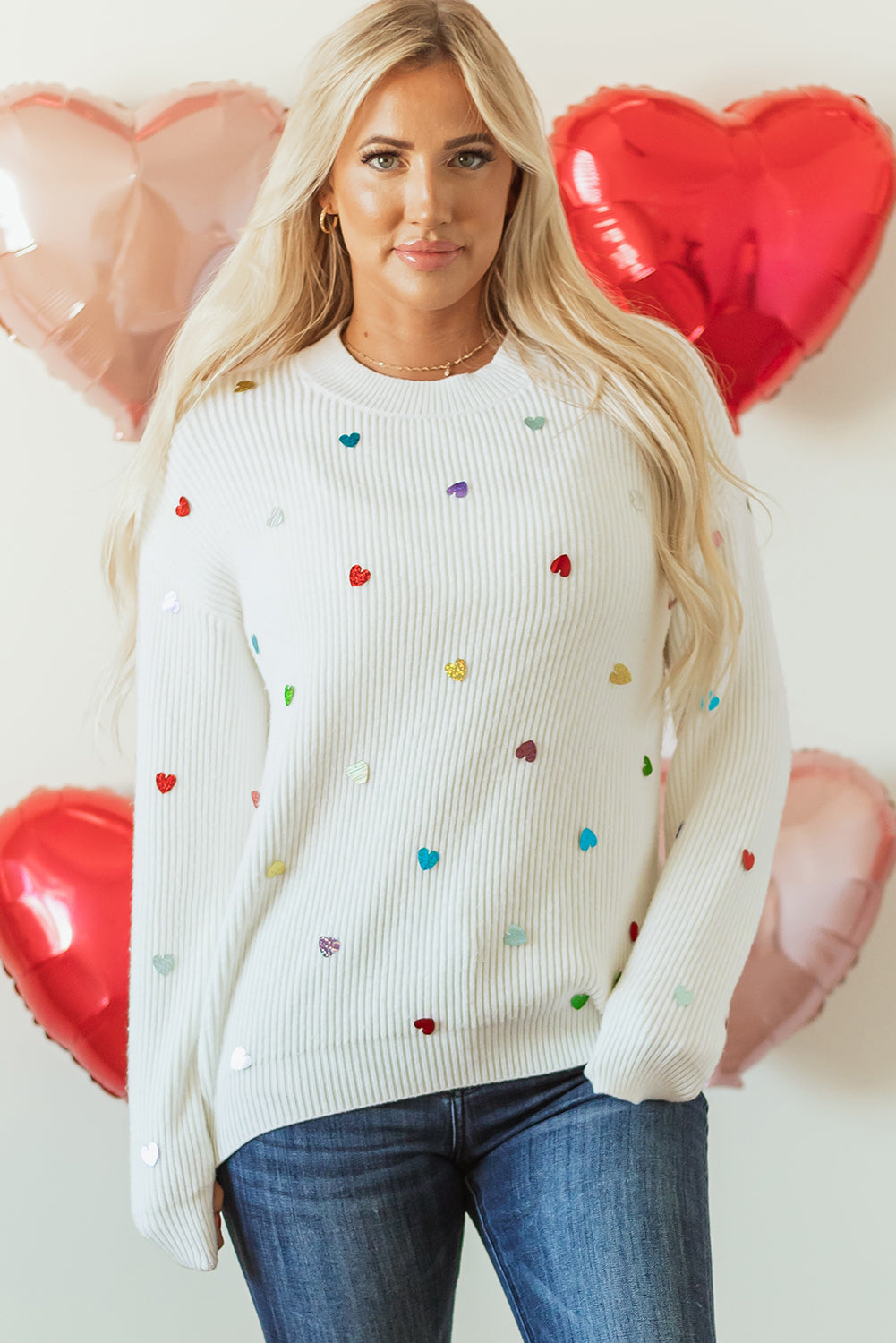 Beige Waffle Knit Sequin Heart Sweater – Cozy with a Touch of Glam