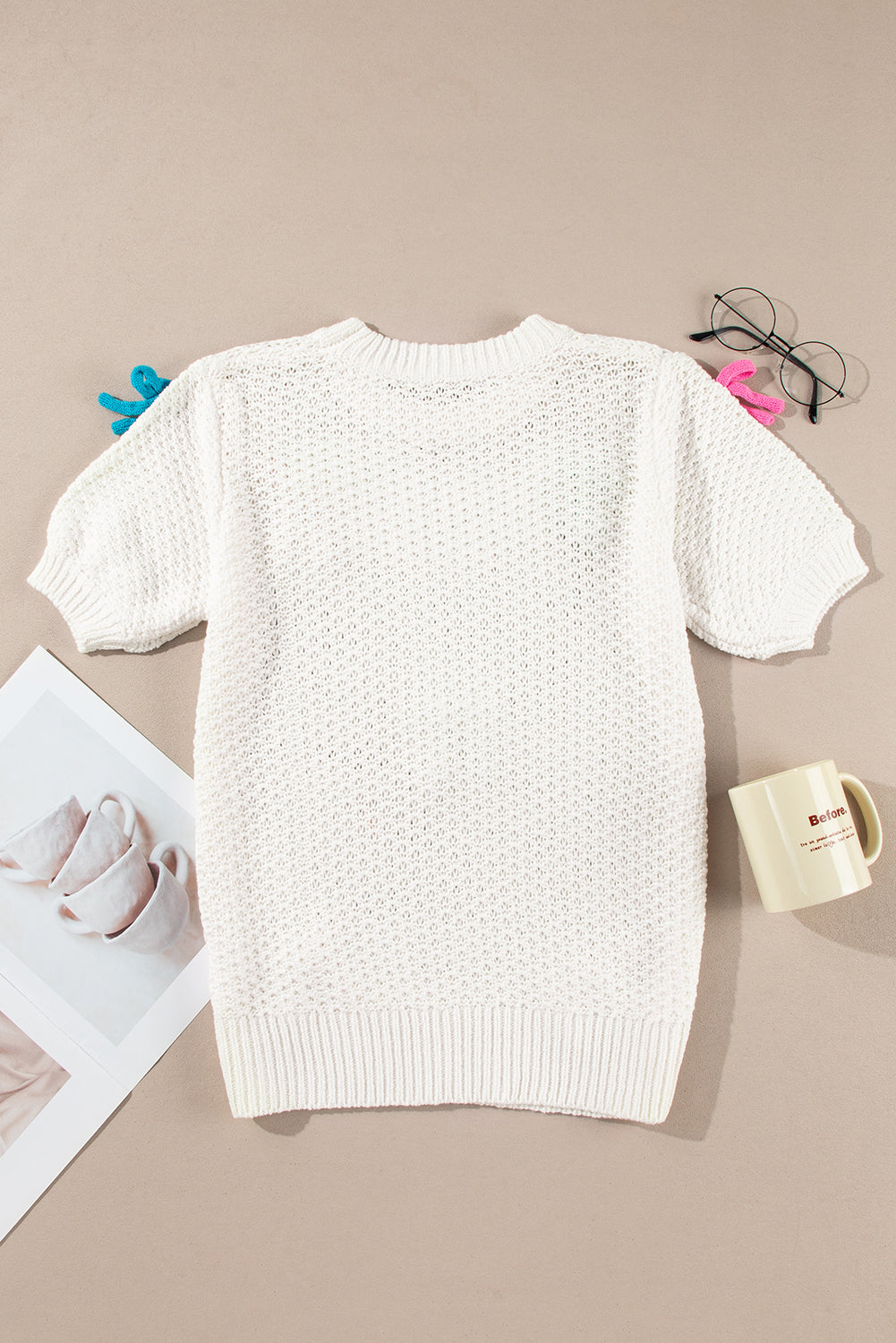 White Bow-Accented Puff Sleeve Sweater Tee – Playful Elegance for Every Occasion