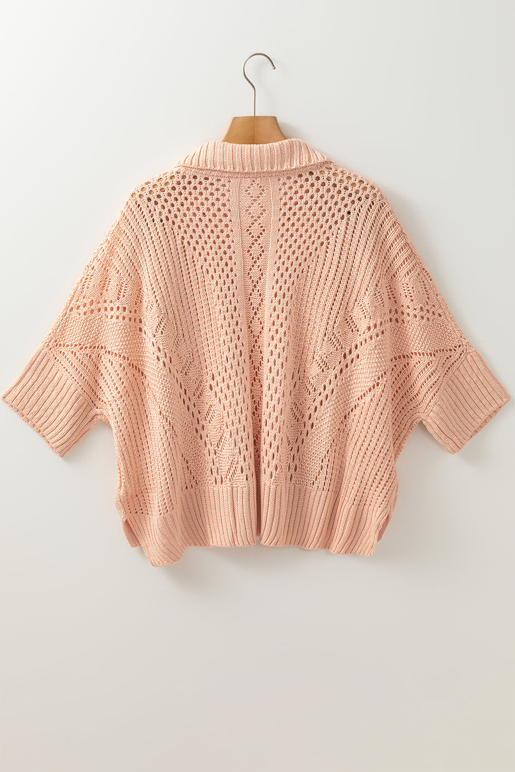 Apricot Pink Open-Knit 3/4 Sleeve Sweater – Effortless Elegance for Every Season