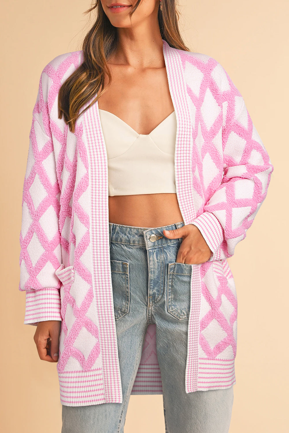 Pink Knit Open Front Pocketed Cardigan – Cozy & Playful