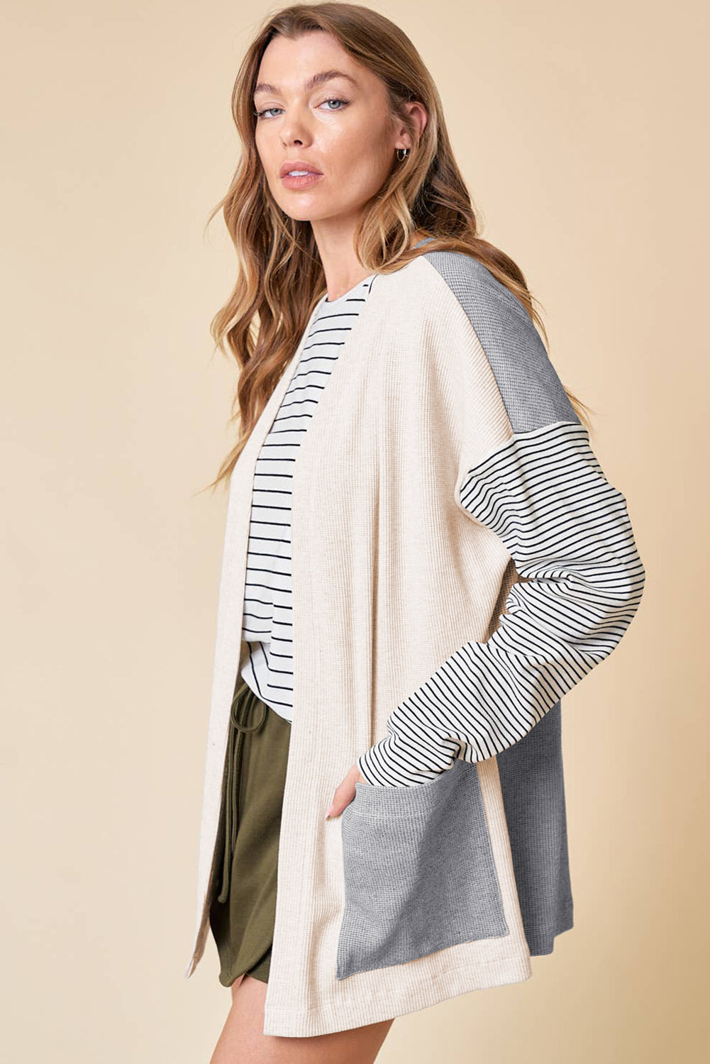 Black Striped Open Front Cardigan – Modern Chic with Practical Style