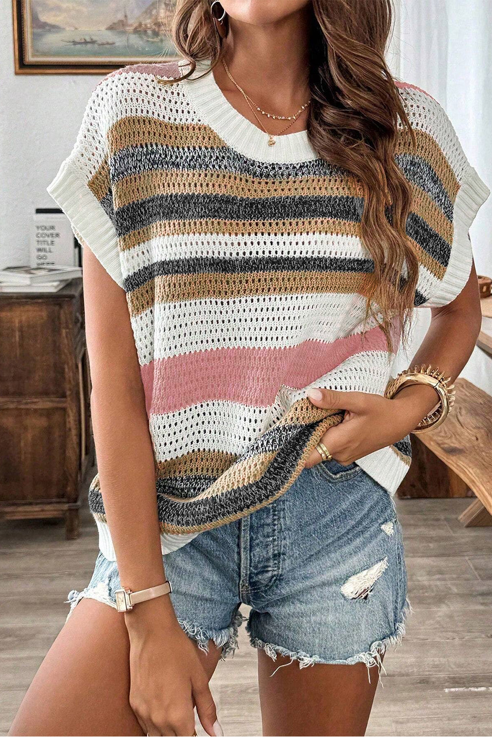 Pink Stripe Eyelet Knit Short Sleeve Sweater Tee – Contemporary & Stylish