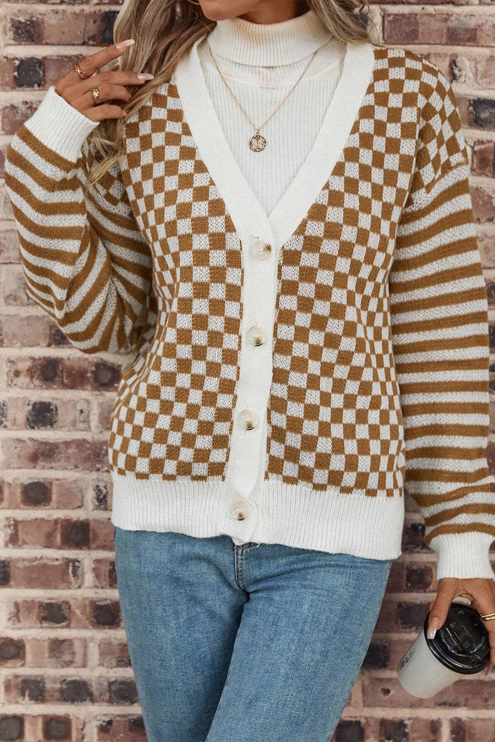 Brown Checkered V Neck Cardigan – Classic Style with a Modern Twist