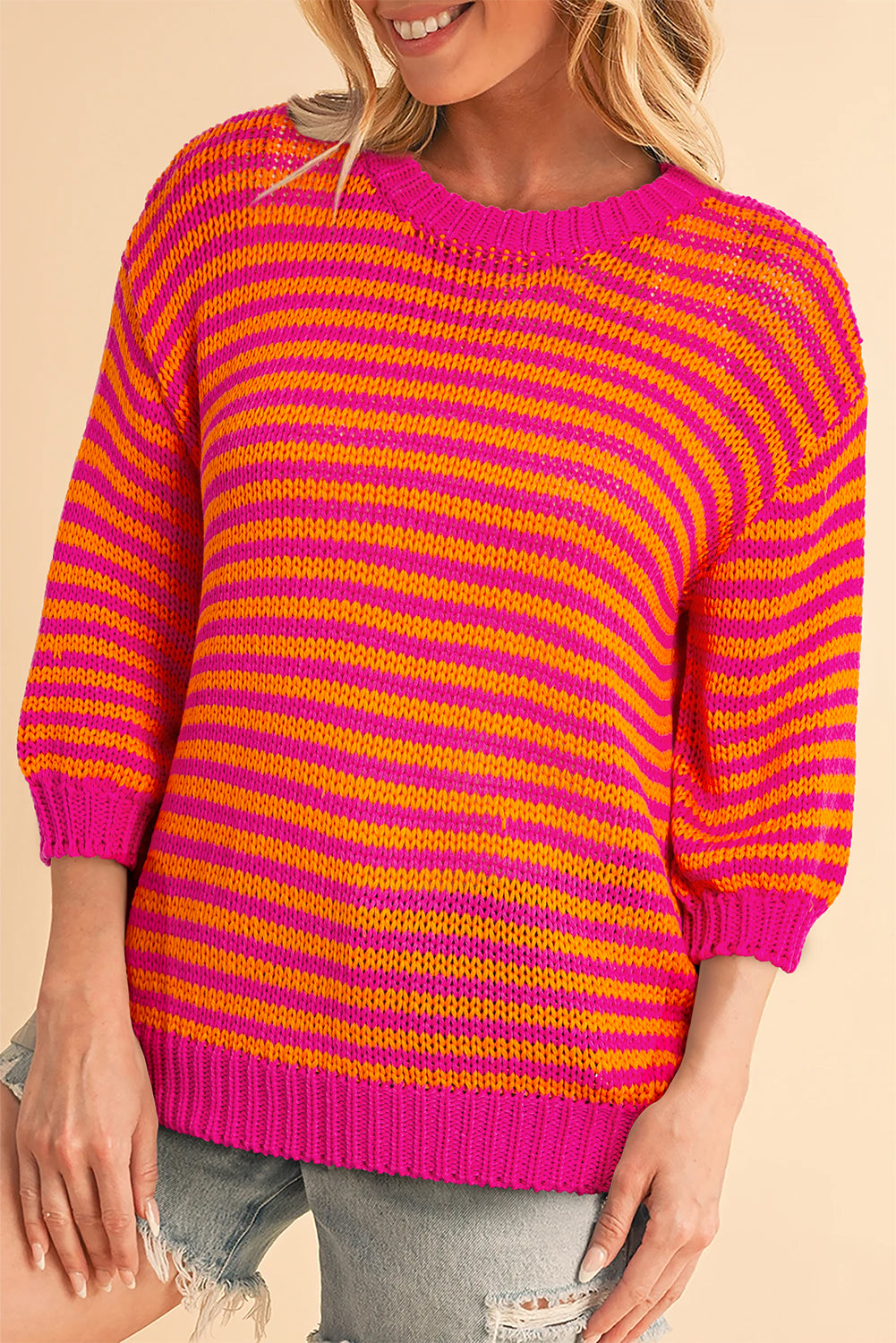 Rose Stripe 3/4 Puff Sleeve Drop Shoulder Sweater – Chic and Comfortable