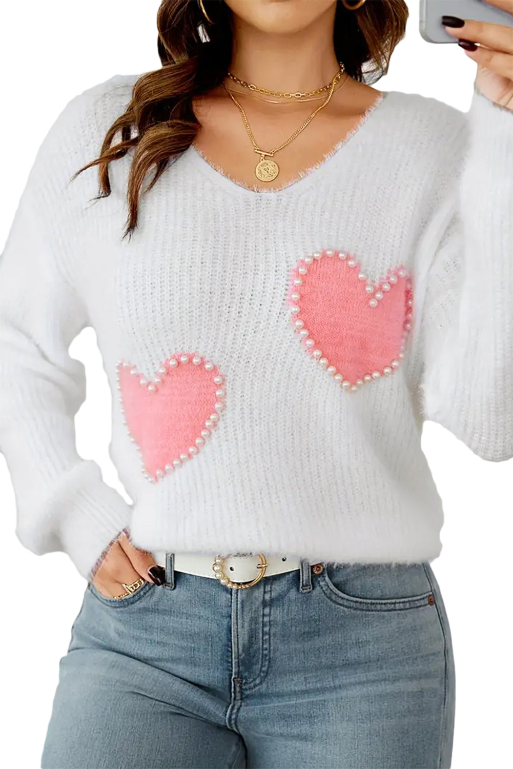 White Pearl Beaded Heart Pattern Fuzzy V Neck Sweater – Cozy and Chic