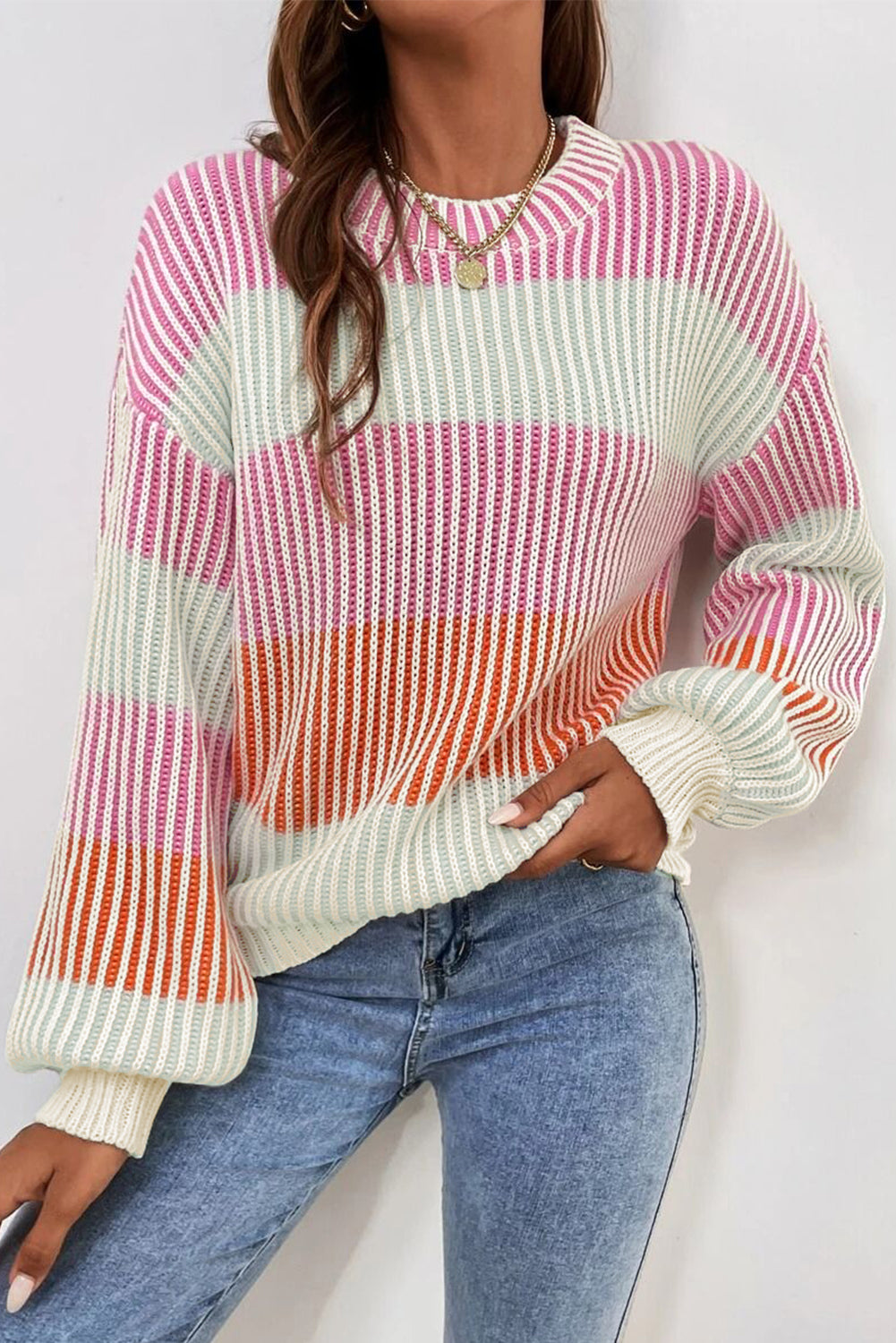 Pink Colorblock Textured Knit Bubble Sleeve Sweater – Cozy and Trendy