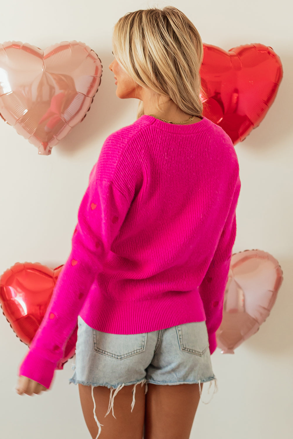 Rose Red Heart Shape Drop Shoulder Sweater – Festive & Cozy