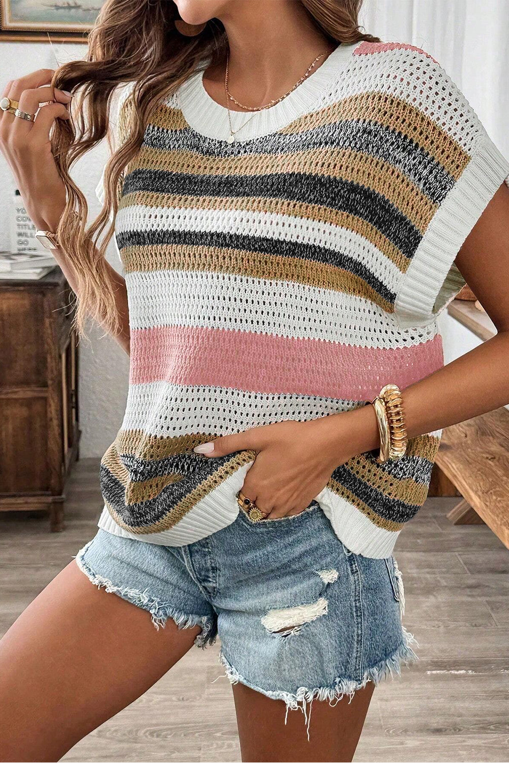 Pink Stripe Eyelet Knit Short Sleeve Sweater Tee – Contemporary & Stylish