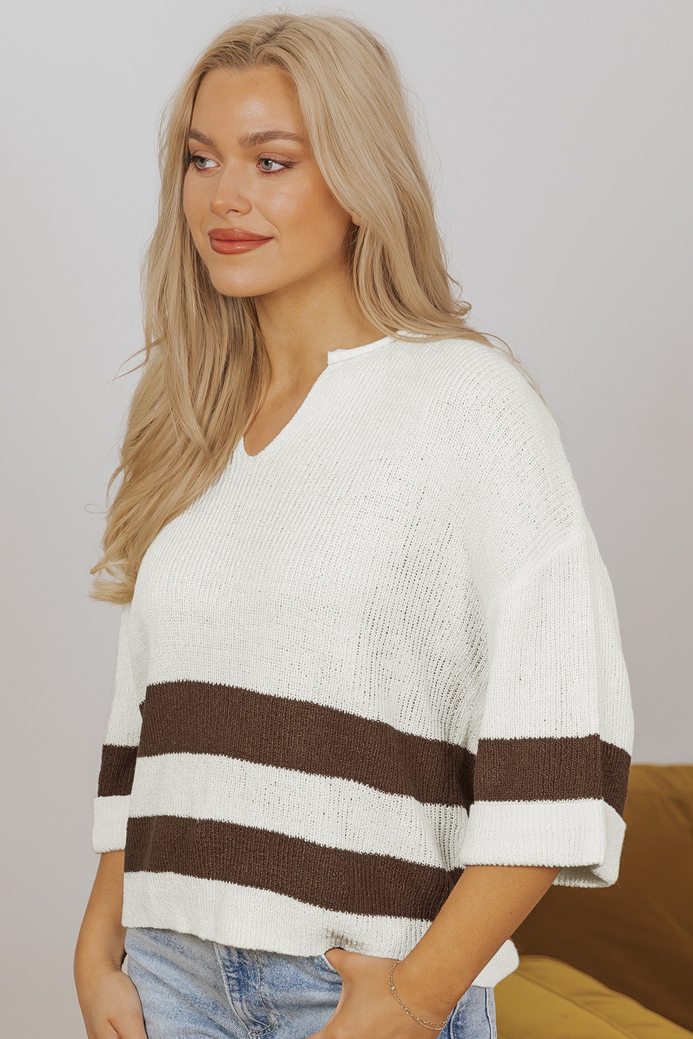 Brown Striped V Neck Cropped Sweater T-Shirt – Effortlessly Chic and Trendy