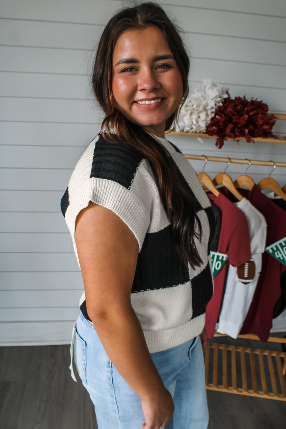 Black Checkered Color Block Sweater Tee – A Trendy Twist on Casual Chic