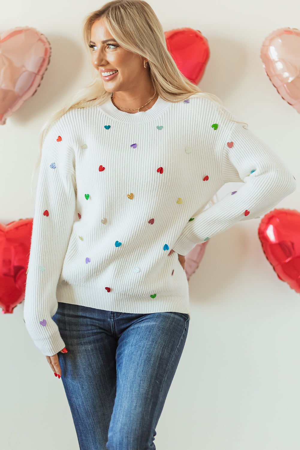 Beige Waffle Knit Sequin Heart Sweater – Cozy with a Touch of Glam